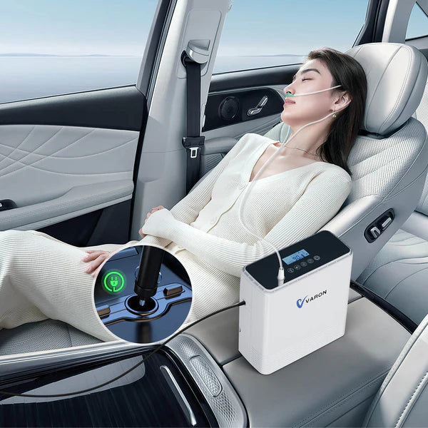 VARON VP-6 oxygen concentrator with car adapter for restful travel and in-vehicle oxygen support