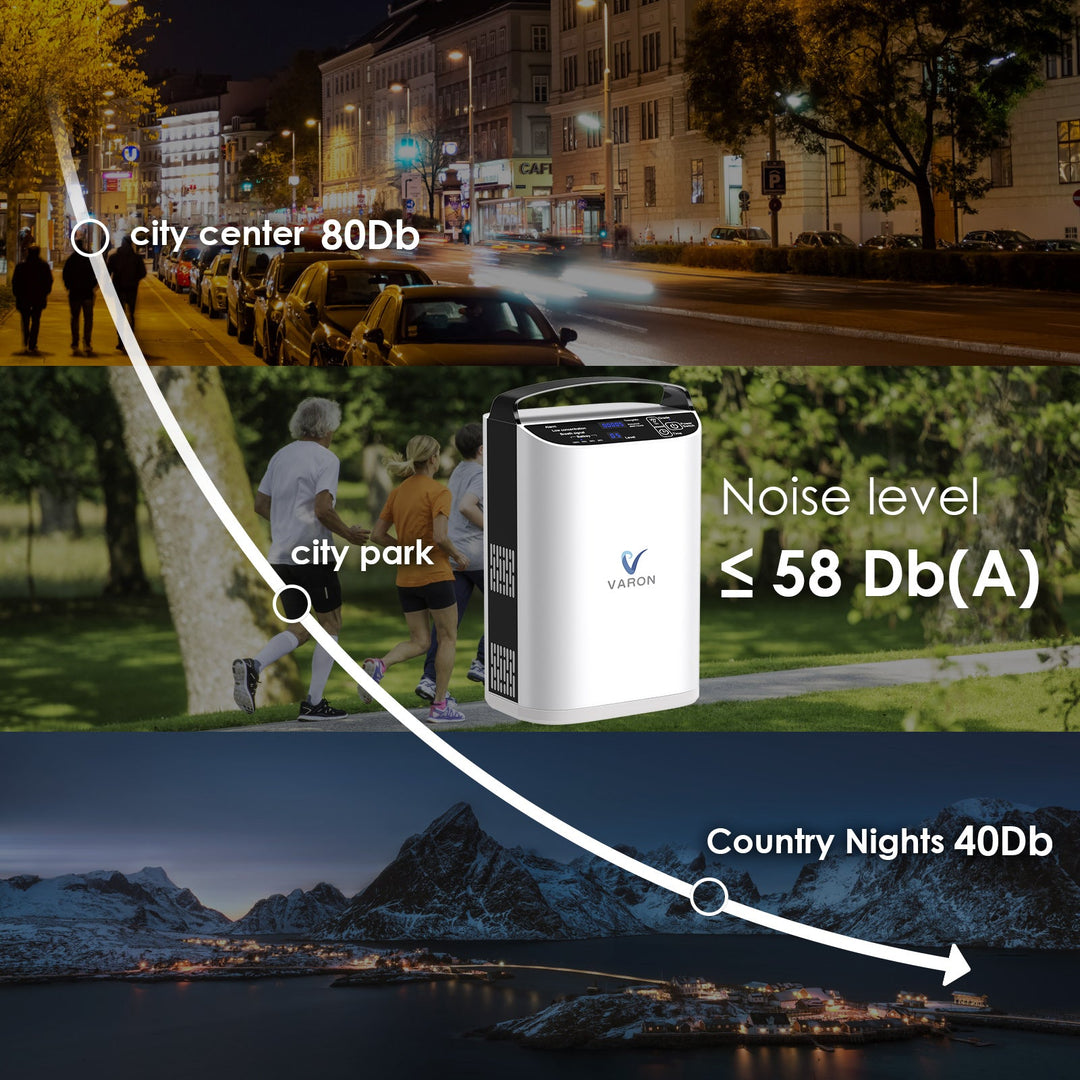 VARON VP-1 5L pulse flow portable oxygen concentrator featuring ultra-quiet operation for peaceful use at home or while travelling.