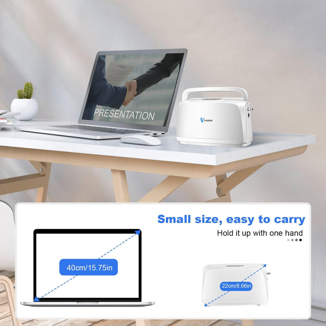 User easily holding the compact VARON VL-1 oxygen concentrator in one hand; small, lightweight design ideal for travel and daily use.