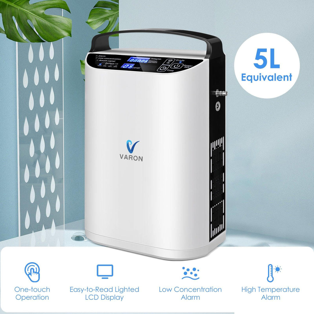 VARON VP-1 portable oxygen concentrator with easy-to-read LCD display, one-touch operation, and alarms for low concentration and high temperature.