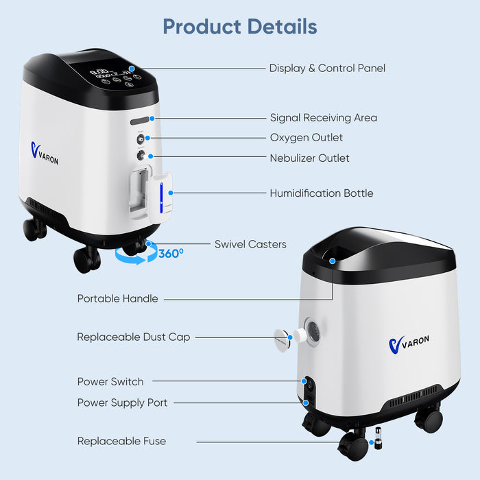 VARON VH-2 Pro Wheel Edition | Continuous Flow Home Oxygen Concentrator (1-9 settings)