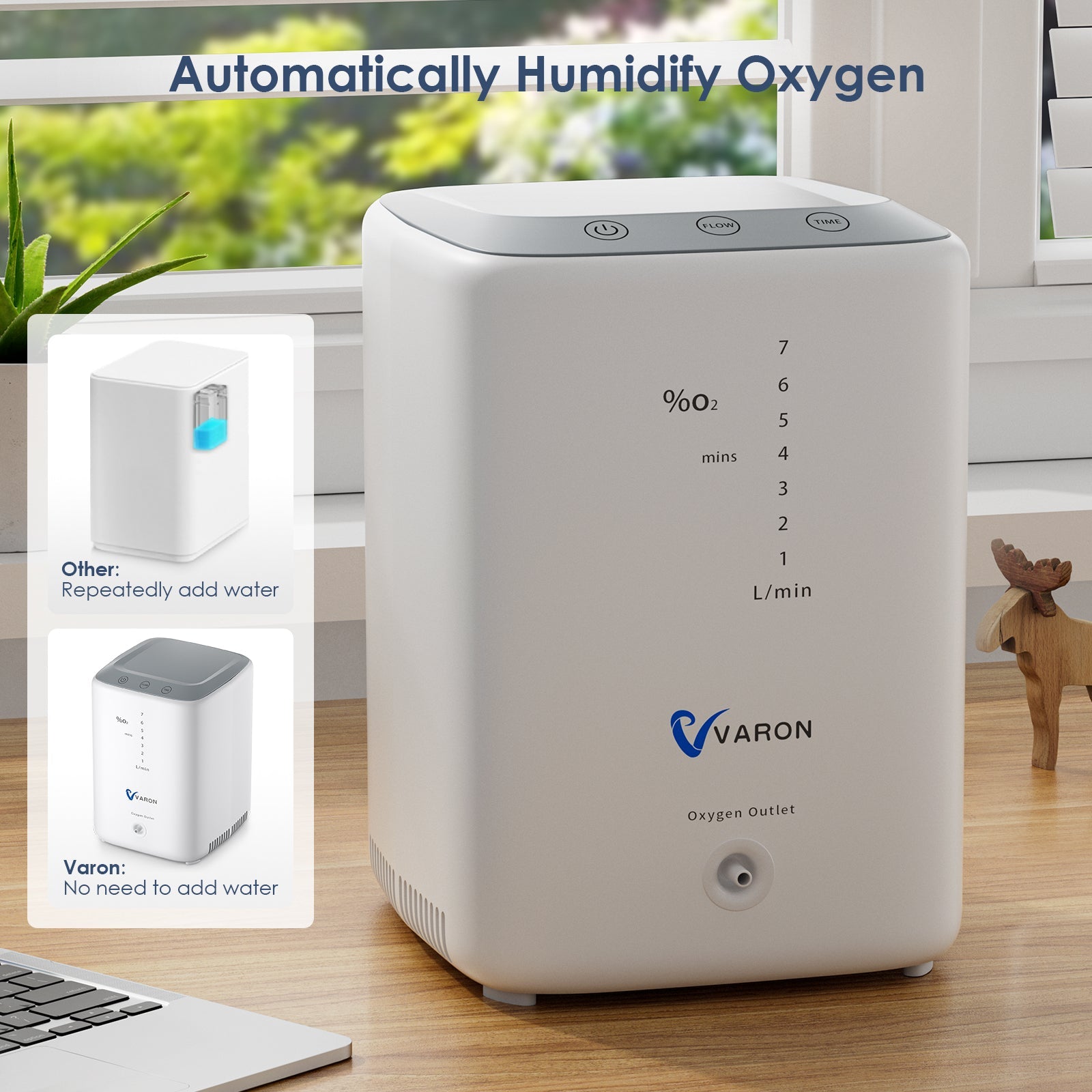 VARON VH-3 automatically humidifies oxygen for enhanced comfort, ensuring moist and gentle oxygen flow during continuous therapy.