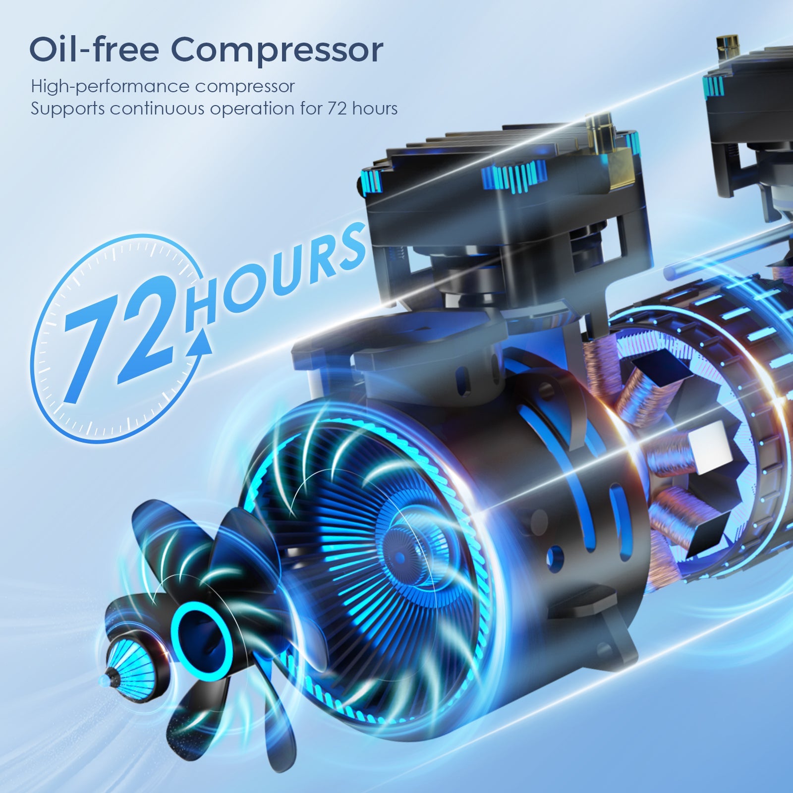 VARON VH-3 features an oil-free, high-performance compressor that supports continuous 72-hour operation for reliable long-term oxygen therapy.